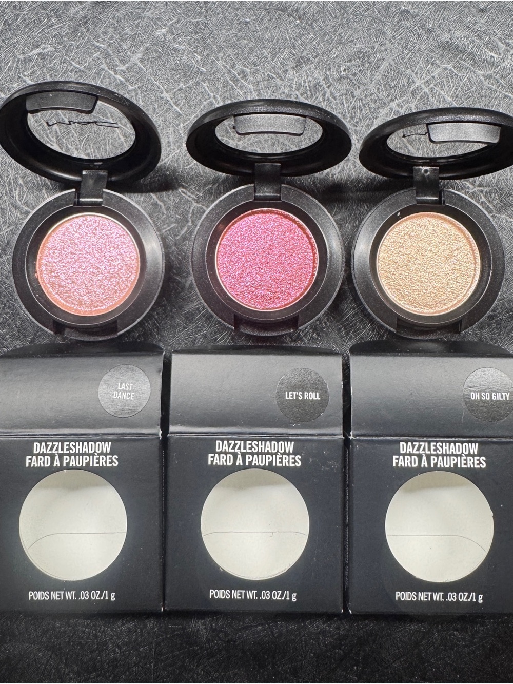 Lot of 3 Mac Dazzleshadow Single Eyeshadow Last Dance Let’s Roll Oh So Gilty NIB